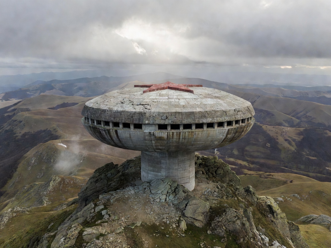 Buzludzha Bulgarian Monument circular concrete saucer on mountain peak