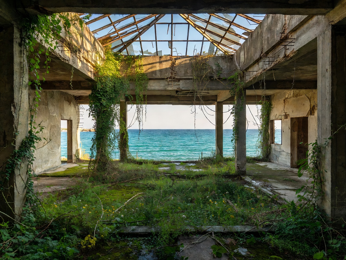 Haludovo Palace Hotel overgrown concrete atrium overlooking the Adriatic Sea