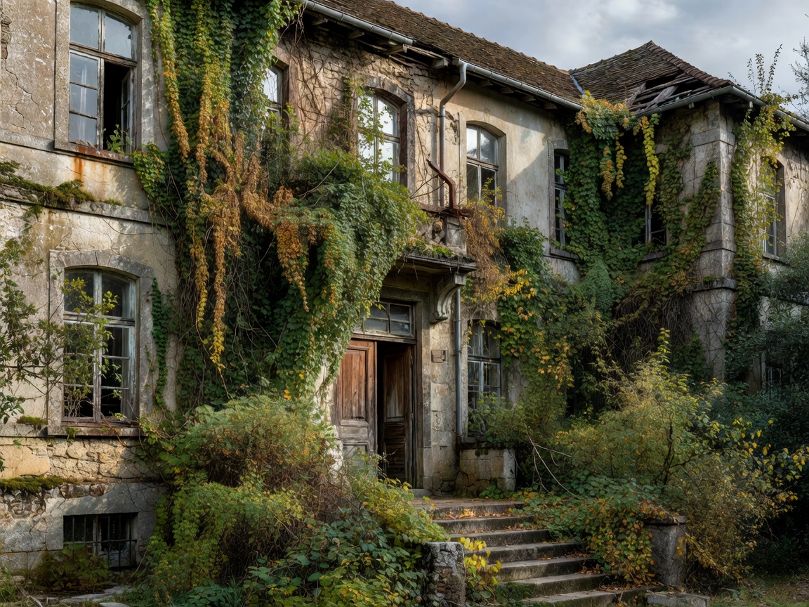 Overgrown facade of a historic European sanatorium building in Beelitz