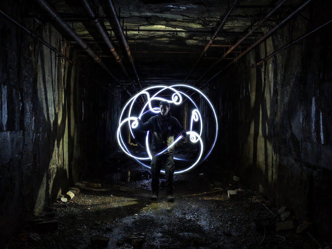 Photographer in dark subterranean industrial tunnel with light painting