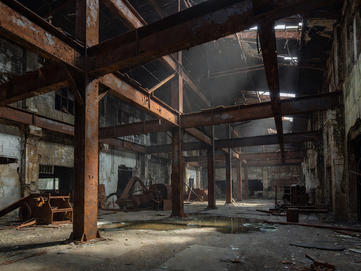 Rusted steel support beams inside decaying industrial power station