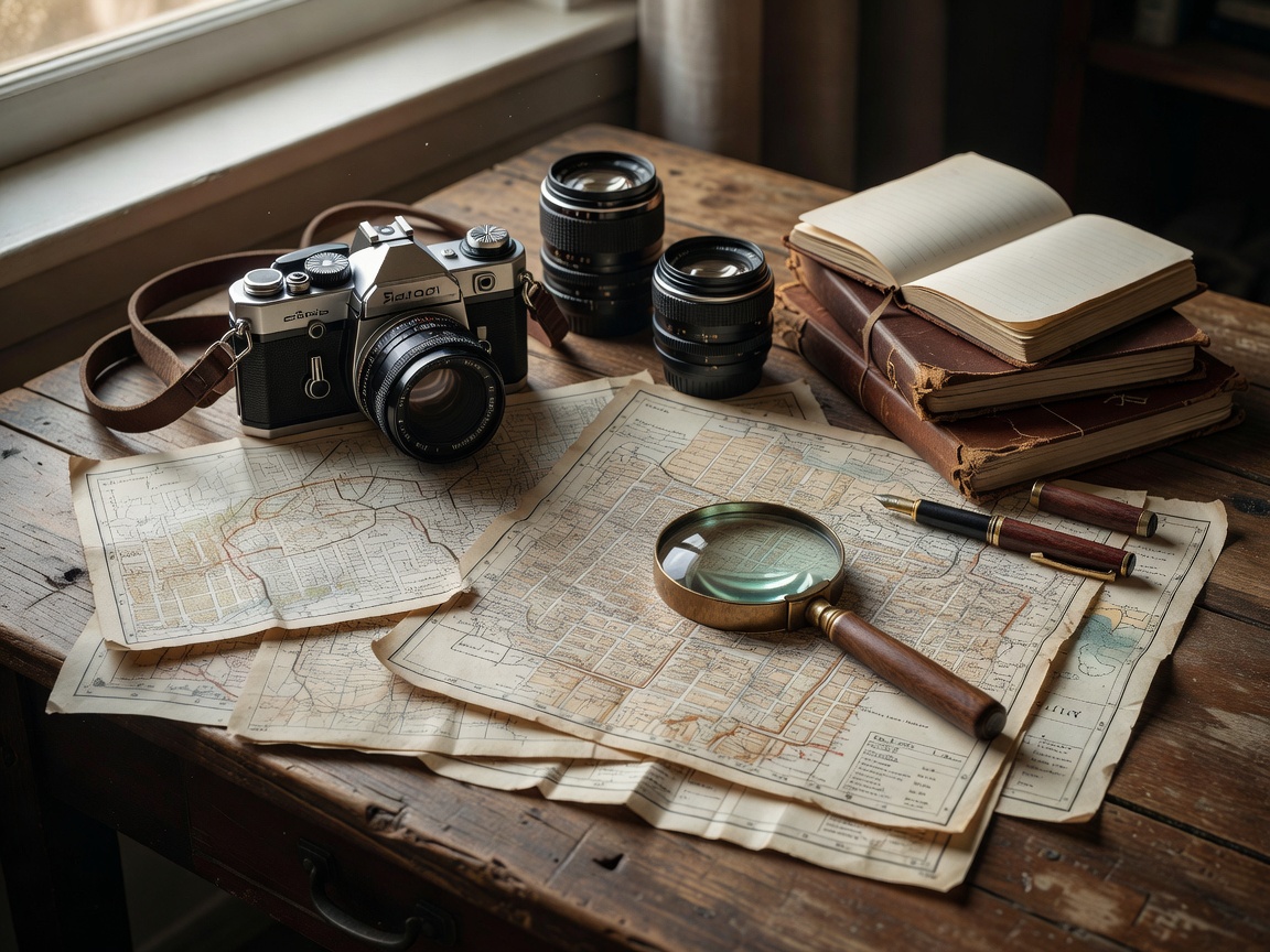 Vintage camera gear on wooden desk with maps for urban exploration documentation